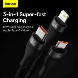 کابل تبدیل USB به لایتنینگ/USB-C/micro-USB بیسوس مدل Flash Series II 66W طول 1.2 متر