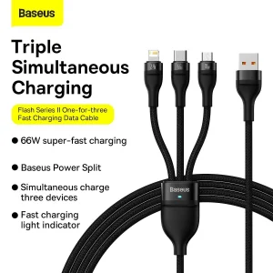 کابل تبدیل USB به لایتنینگ/USB-C/micro-USB بیسوس مدل Flash Series II 66W طول 1.2 متر