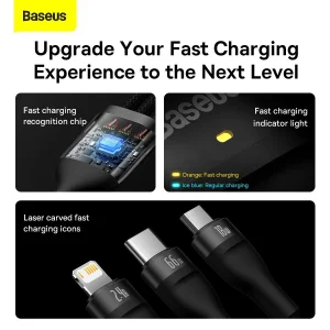 کابل تبدیل USB به لایتنینگ/USB-C/micro-USB بیسوس مدل Flash Series II 66W طول 1.2 متر