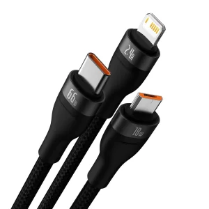 کابل تبدیل USB به لایتنینگ/USB-C/micro-USB بیسوس مدل Flash Series II 66W طول 1.2 متر