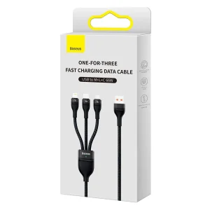 کابل تبدیل USB به لایتنینگ/USB-C/micro-USB بیسوس مدل Flash Series II 66W طول 1.2 متر