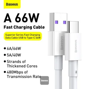 کابل تبدیل USB به USB-C باسئوس مدل Superior Series CATYS-A 6A 66W طول 2 متر