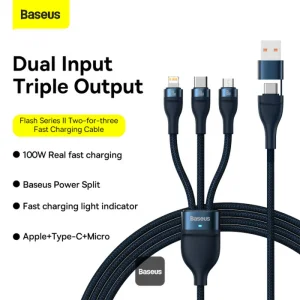 کابل تبدیل USB/USB-C به USB-C / microUSB / لایتنینگ بیسوس مدل Flash Series II CB000003 100W طول 1.2 متر
