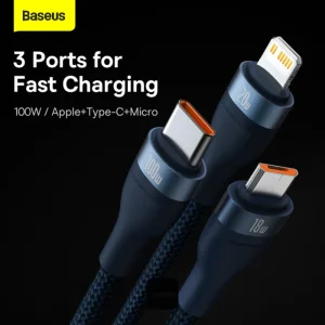 کابل تبدیل USB/USB-C به USB-C / microUSB / لایتنینگ بیسوس مدل Flash Series II CB000003 100W طول 1.2 متر