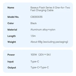 کابل تبدیل 1 به 2 USB-C باسئوس مدل CB00035 طول 1.5 متر