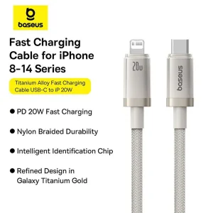 کابل تبدیل USB-C به لایتنینگ بیسوس مدل Titanium Series 20W طول 2 متر