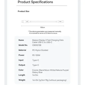 کابل تبدیل USB-C بیسوس مدل Display 2 Fast Charging طول 2 متر