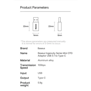 مبدل USB 3.1 به USB-C بیسوس مدل 10Gbps-OTG