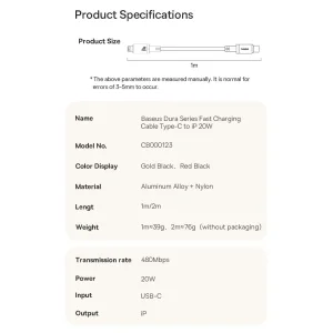 کابل تبدیل USB-C به لایتنینگ بیسوس مدل Dura Series 20W طول 2 متر