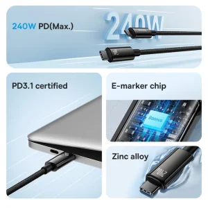 کابل تبدیل USB-C باسئوس مدل (TUNGSTEN GOLD (240W طول 3 متر
