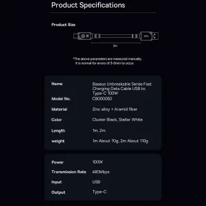 کابل USB به USB-C بیسوس مدل Unbreakable Series 100W طول 2 متر