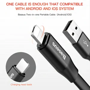 کابل تبدیل USB به لایتنینگ/MicroUSB باسئوس مدل Two-in-One طول 0.23 متر