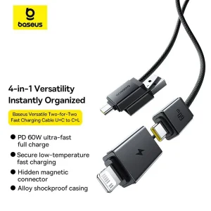 کابل تبدیل USB-C/USB به USB-C/لایتنیگ بیسوس مدل Versatile 60W طول 2 متر