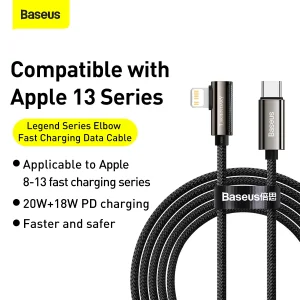 کابل تبدیل USB-C به لایتنینگ باسئوس مدل Legend Series Elbow Fast Charging 20W طول 2 متر
