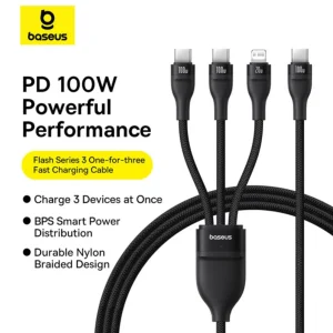 کابل تبدیل USB-C به لایتنینگ/USB-C بیسوس مدل Flash Series 3 100W طول 1.5 متر