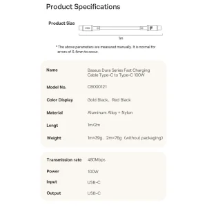 کابل USB-C بیسوس مدل Dura Series 100W طول 2 متر