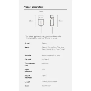 کابل تبدیل USB به USB-C باسئوس مدل Digital Display 66w طول 1 متر