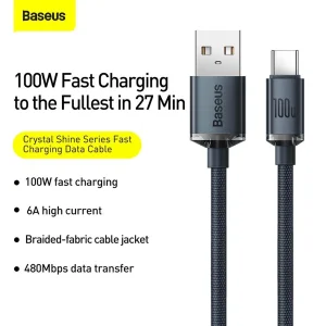 کابل USB به USB-C باسئوس مدل Crystal Shine Series (100W) طول 2 متر