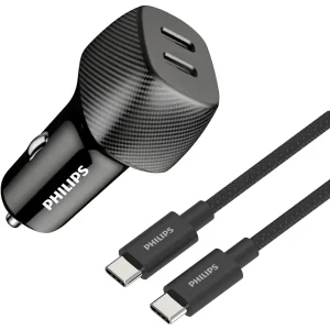 شارژر فندکی 30 وات 2 پورت فیلیپس مدل DLP5522C به همراه کابل تبدیل USB-C