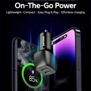شارژر فندکی 30 وات 2 پورت فیلیپس مدل DLP5522C به همراه کابل تبدیل USB-C