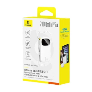 پاوربانک 45 وات بیسوس مدل EnerFill FC31 Qpow3 ظرفیت 20000 میلی‌آمپرساعت به همراه 2 عدد کابل لایتنینگ / USB-C