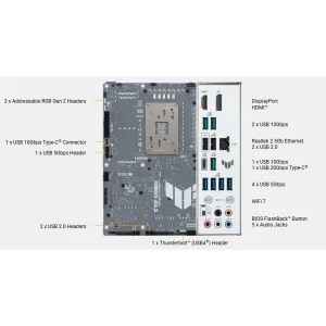 مادربرد ایسوس مدل TUF GAMING B850-BTF WIFI W، فرم فاکتور ATX، سوکت AMD AM5، دارای چهار اسلات رم DDR5، دارای 3 اسلات M.2، دارای Wi-Fi 7 و بلوتوث داخلی، پشتیبانی از پردازنده‌های Ryzen 9000، چیپست AMD B850، پشتیبانی از اورکلاک پردازنده و پمپ AIO