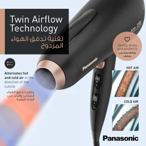 سشوار حرفه‌ای پاناسونیک مدل EH-NE86 با موتور AC قدرتمند 2300 وات، فناوری تولید یون دائمی، سنسور کنترل گرما، شات سرد، طراحی ارگونومیک، تنظیم حرارت و سرعت دو حالته، دارای نازل حجم‌دهنده و وزن 470 گرم