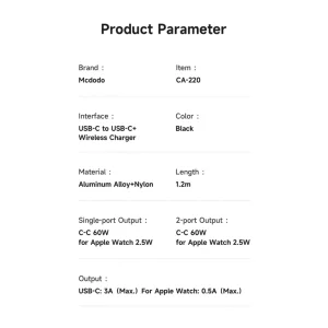 کابل شارژ USB-C مک دودو مدل CA-220 مناسب برای ساعت هوشمند اپل Series1-9 Ultra 1/2 SE