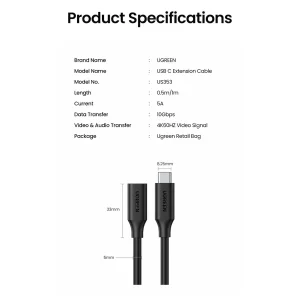 کابل افزایش طول USB-C یوگرین مدل US353 طول 1 متر