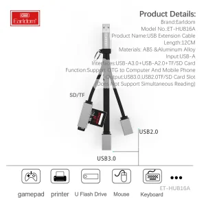 هاب 4 پورت USB و کارت خوان ارلدام مدل HUB16A