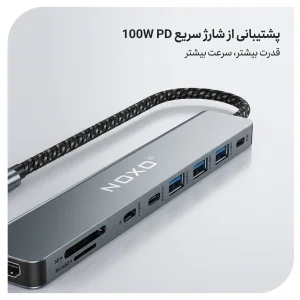 هاب 9 پورت USB-C نوکسو مدل HUB-N1 9in1 با پشتیبانی شارژ PD 100 وات، HDMI 4K، USB 3.0 و کارت‌خوان SD/TF