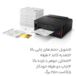 پرینتر جوهرافشان رنگی تک‌کاره کانن مدل PIXMA G5040 با اتصال Wi-Fi، پورت Ethernet و USB-A، ظرفیت سینی ورودی 350 برگ