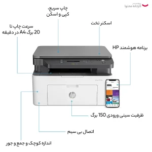 پرینتر اچ پی تک رنگ سه کاره با چاپ لیزری مدل Laser MFP 135w، سایز چاپ A4، قابلیت اتصال به شبکه بی‌سیم، سازگار با سیستم عامل ویندوز 7 و یا بالاتر