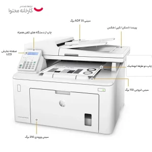 پرینتر اچ پی تک رنگ چهار کاره‌ با چاپ لیزری مدل LaserJet Pro MFP M227fdn، سایز چاپ A4، مجهز به تغذیه خودکار ADF، قابلیت‌ اتصال به WiFi