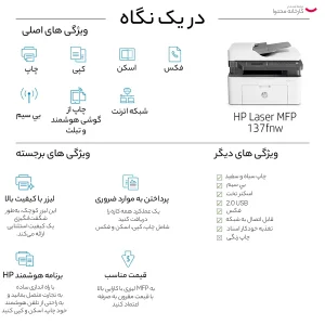 پرینتر اچ پی تک رنگ چهار کاره با چاپ لیزری مدل Laser MFP 137fnw، سایز چاپ A4، قابلیت چاپ دو رو، چاپ بدون حاشیه، اتصال به WiFi، دارای صفحه نمایش LCD