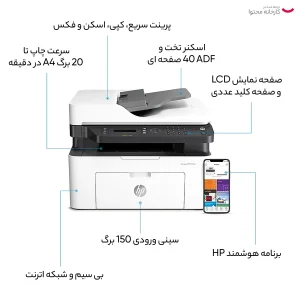 پرینتر اچ پی تک رنگ چهار کاره با چاپ لیزری مدل Laser MFP 137fnw، سایز چاپ A4، قابلیت چاپ دو رو، چاپ بدون حاشیه، اتصال به WiFi، دارای صفحه نمایش LCD