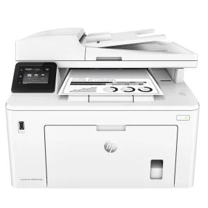 پرینتر اچ پی تک رنگ چهار کاره‌ با چاپ لیزری مدل LaserJet Pro MFP M227fdw، سایز چاپ A4، امکان چاپ دو رو، قابلیت‌ اتصال به WiFi