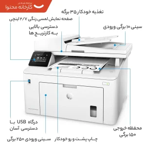 پرینتر اچ پی تک رنگ چهار کاره‌ با چاپ لیزری مدل LaserJet Pro MFP M227fdw، سایز چاپ A4، امکان چاپ دو رو، قابلیت‌ اتصال به WiFi