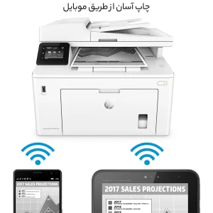 پرینتر اچ پی تک رنگ چهار کاره‌ با چاپ لیزری مدل LaserJet Pro MFP M227fdw، سایز چاپ A4، امکان چاپ دو رو، قابلیت‌ اتصال به WiFi