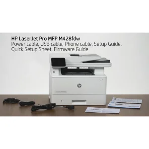 پرینتر اچ پی تک رنگ چهار کاره با چاپ لیزری مدل LaserJet Pro MFP M428fdw، سایز چاپ A4، قابلیت چاپ دو رو، مجهز به پورت شبکه و WiFi، قابلیت چاپ فایل‌های فلش مموری از طریق USB، دارای صفحه نمایش LCD
