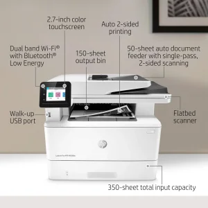 پرینتر اچ پی تک رنگ چهار کاره با چاپ لیزری مدل LaserJet Pro MFP M428fdn، سایز چاپ A4، قابلیت چاپ دو رو، چاپ فایل‌های فلش مموری از طریق USB، مجهز به پورت شبکه، دارای صفحه نمایش LCD