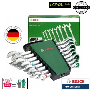 آچار یکسر تخت و یکسر رینگی جغجغه‌ای بوش مدل فوق حرفه ای کد DIN3113-2007 بسته 8 عددی
