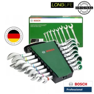 آچار یکسر تخت و یکسر رینگی جغجغه ای بوش مدل Wrench Set 8 کد 1600A027PS بسته 8 عددی