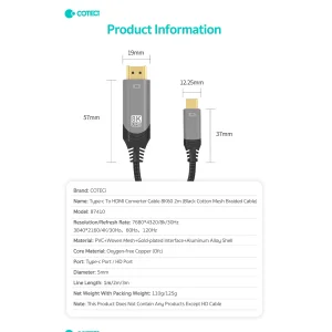 کابل تبدیل HDMI به USB-C کوتتسی مدل 87410 طول 2 متر