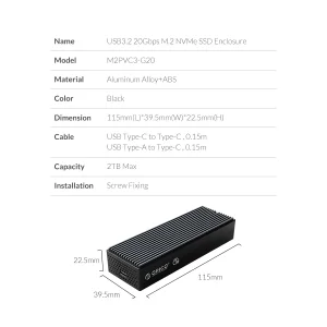 قاب اس اس دی اکسترنال NVMe M.2 اوریکو مدل M2PVC3-G20