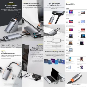 هاب 4 پورت USB-C باسئوس  مدل Metal  Gleam series CAHUB-CY0G