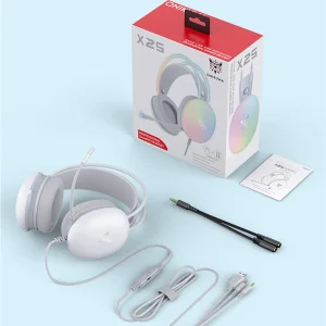 هدست گیمینگ اونیکوما مدل X25 RGB با نویز کنسلینگ میکروفون (ENC)، بدون قابلیت شارژ، اتصال از طریق جک 3.5 میلی متری صدا، دارای دکمه قطع و وصل میکروفون و دکمه کنترل صدا، طراحی ارگونومیک و بالشتک‌های نرم و قابل تنظیم، مقاوم در برابر رطوبت و عرق