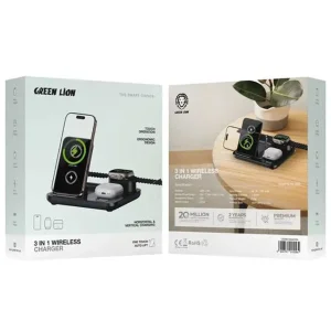 شارژر بی سیم 15 وات 3 پورت گرین لاین مدل GN3IN1MWCBK