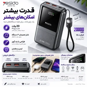 پاور بانک 22.5 وات یسیدو مدل YP96 PD ظرفیت 20000 میلی آمپر ساعت