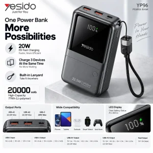 پاور بانک 22.5 وات یسیدو مدل YP96 PD ظرفیت 20000 میلی آمپر ساعت